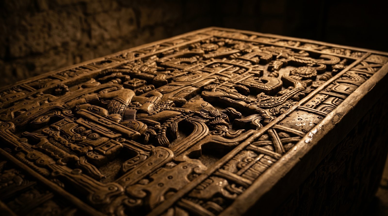 Losa tallada del sarcófago de K'inich Janaab' Pakal, rey maya de Palenque, descubierta en 1952 en el Templo de las Inscripciones