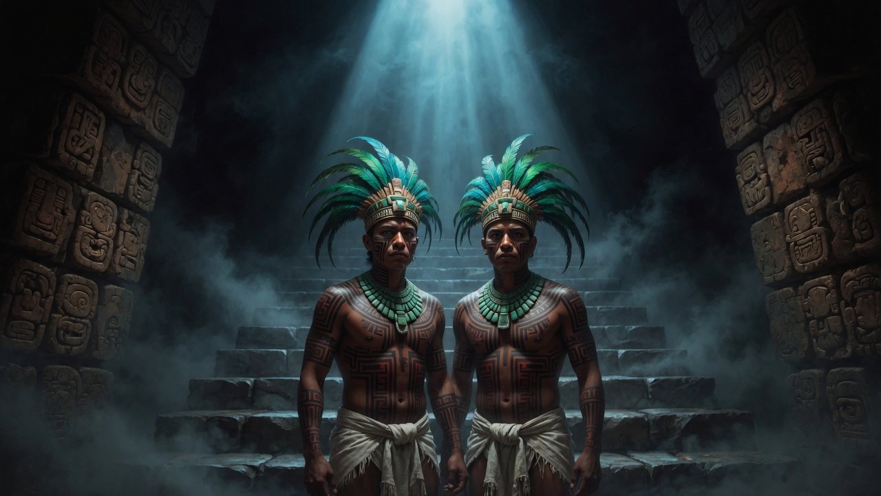 Recreación de los Héroes Gemelos del Popol Vuh, Hunahpú e Ixbalanqué, descendiendo al inframundo Xibalbá de la mitología maya