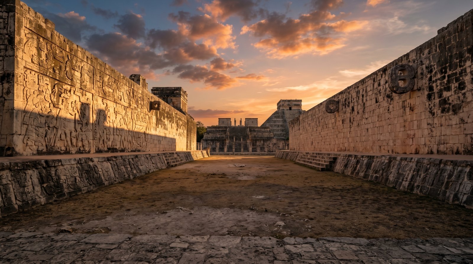 Gran Juego de Pelota de Chichén Itzá, cancha maya de piedra con muros altos y relieves tallados
