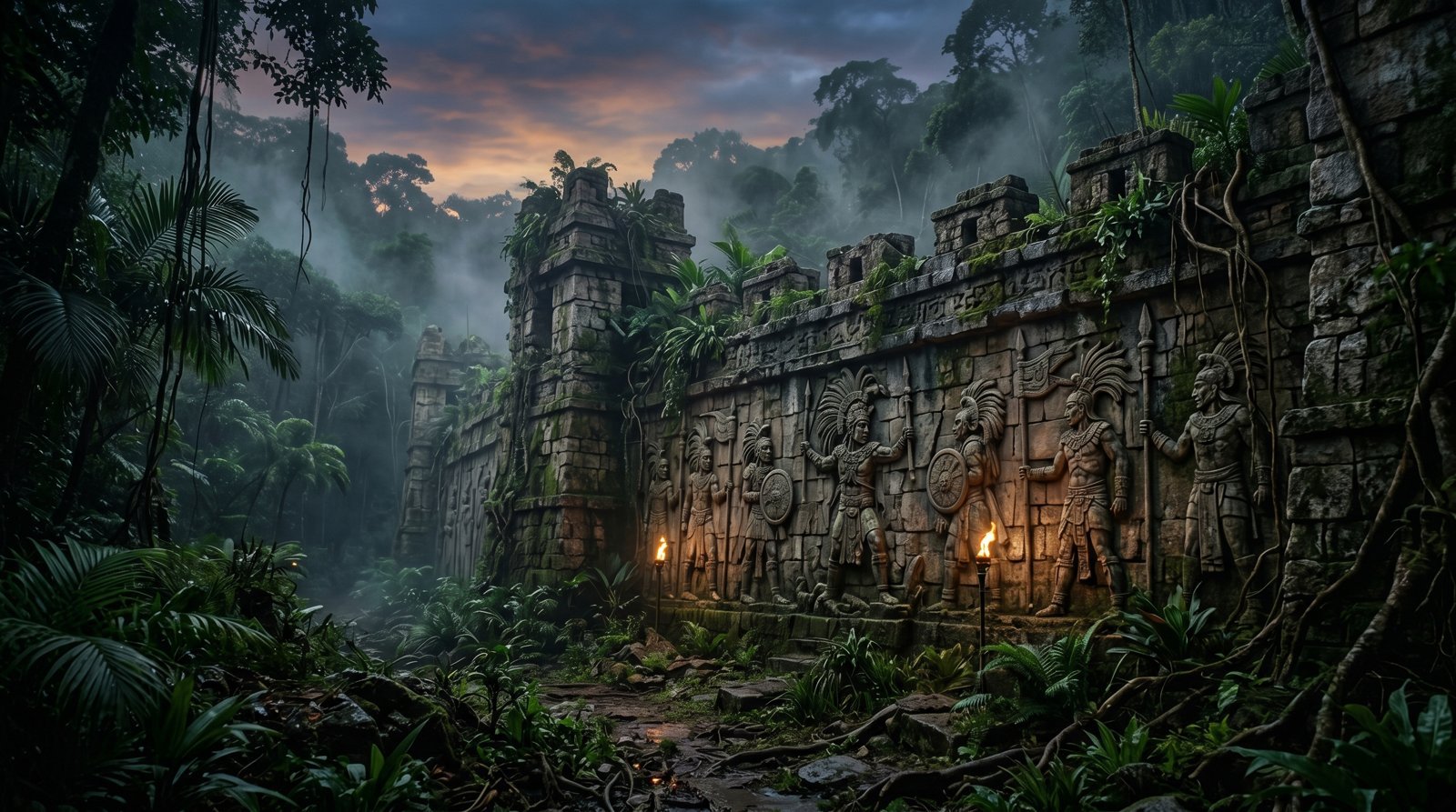 Muralla maya antigua en plena selva chiapaneca, neblina al amanecer